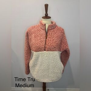 Time and Tru Two-Tone Teddy Sherpa Half-Zip Jacket - Pink & Cream